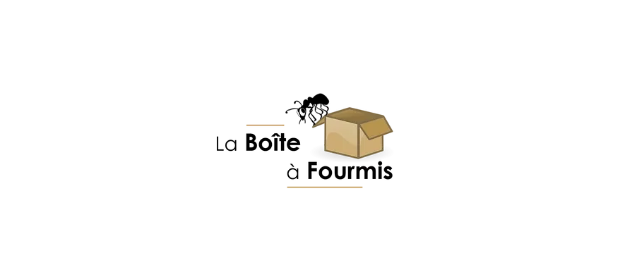 Logo montrant une fourmi noire sortant d'une boite en carton.