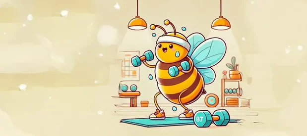 Dessin de type cartoon montrant une abeille faisant de la muscu dans une salle de sport.