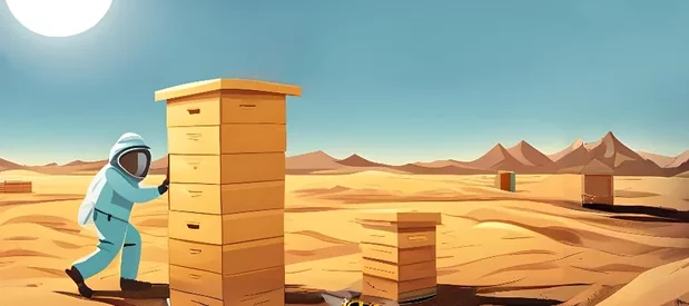 Dessin d'un apiculteur, au milieu du désert, s'occupant de ruches d'abeilles sous le soleil brûlant. Cette vision d'artiste explore un cas extrême du réchauffement du climat sur l'apiculture et les abeilles.
