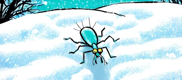 Dessin d'un insecte coléoptère dans la neige en hiver. L'arrière plan est fait de tas de neige et de buissons glacés par le froid, sans feuilles. On voit des flocons tomber.